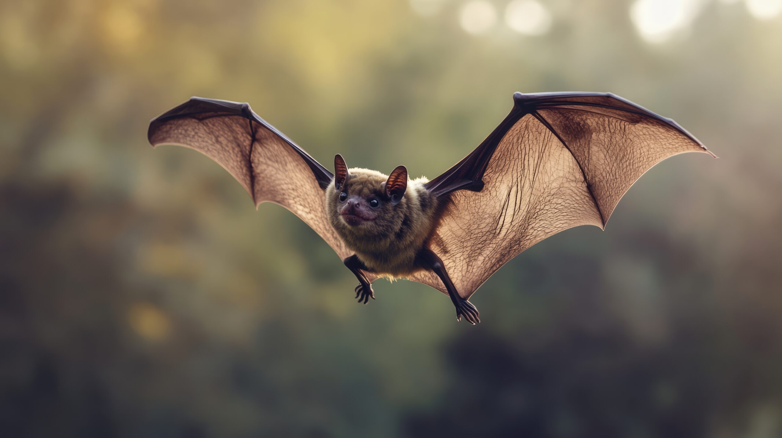 Fledermaus in der Natur mit ausgebreiten Flügeln während eines Flugs.