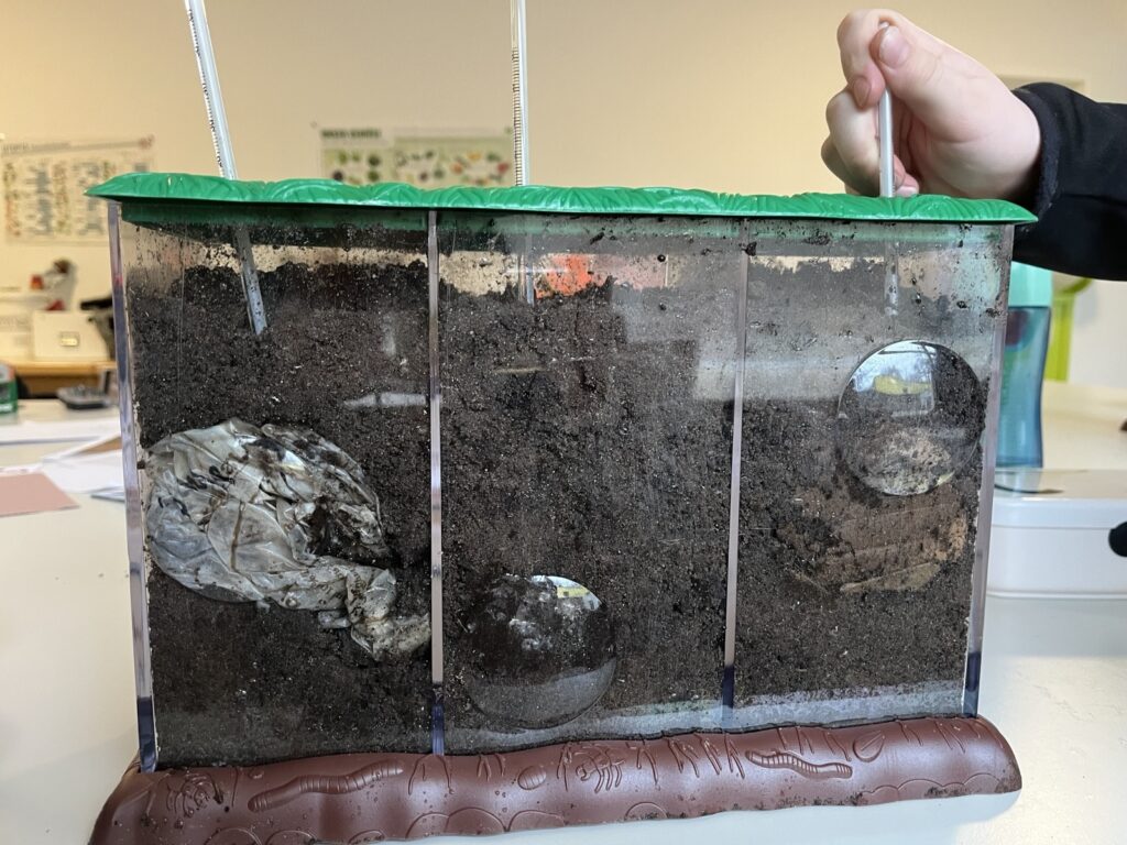 Ein transparenter Behälter ist mit Erde gefüllt und ermöglicht Betrachtern die Sichtung der Bestandteile.