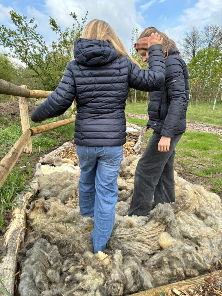 Zwei Mädchen stehen mit ihren nackten Füßen in dem Schafswolle-Bereich des Barfußpfads.
