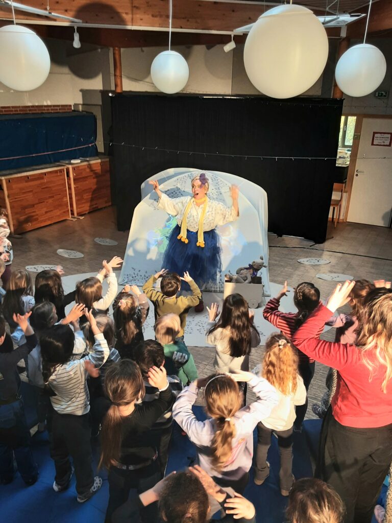 Kinder im Theater ahmen die Armbewegung der Darstellerin nach, die mit großen Augen, buntem Outfit die Kinder anschaut.