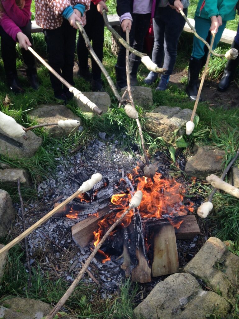 Stöcke mit Stockbrot, gehalten von Kinderhänden über einem Lagerfeuer